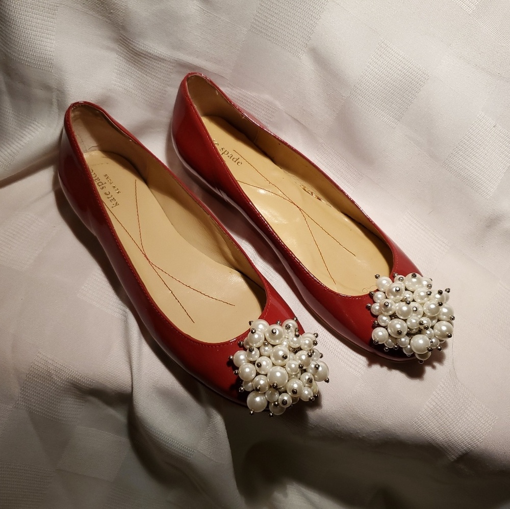 Kate Spade Red patent leather flats pearl cluster